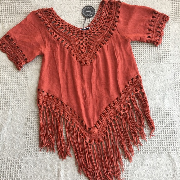 Vivid Hippie Gypsy Bohemian Cinnamon Orange Crochet Fringed Pullover Top NWT - Picture 3 of 10